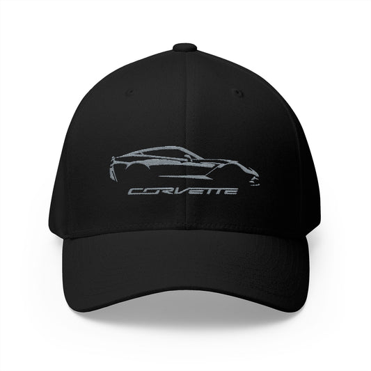 Corvette C7 Custom Silhouette Baseball Cap, Flexfit Hat, Stretchy Band, Black Hat, Corvette Gear, Embroidery