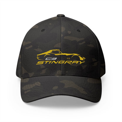 Corvette Yellow C3 Stingray Silhouette Baseball Cap, Flexfit Hat, Stretchy Band, Black Hat, Corvette Gear, Embroidery