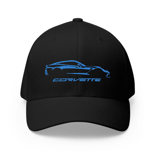 Corvette C7 Custom Silhouette Baseball Cap, Flexfit Hat, Stretchy Band, Black Hat, Corvette Gear, Embroidery