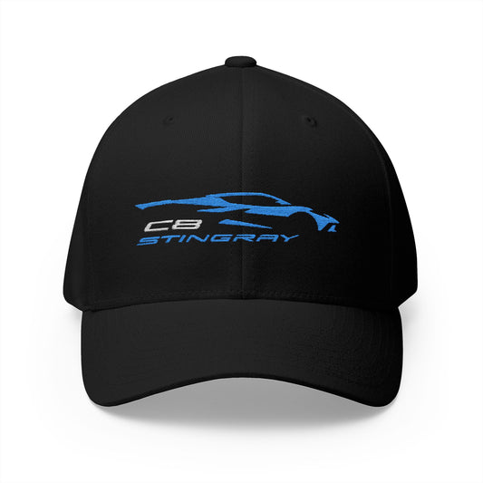 Corvette C8 Stingray Logo Baseball Cap, Flexfit® Hat, Stretchy Band, Black Hat, Corvette Gear, Embroidery