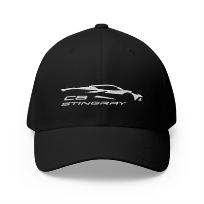 Corvette C8 Stingray Logo Baseball Cap, Flexfit® Hat, Stretchy Band, Black Hat, Corvette Gear, Embroidery