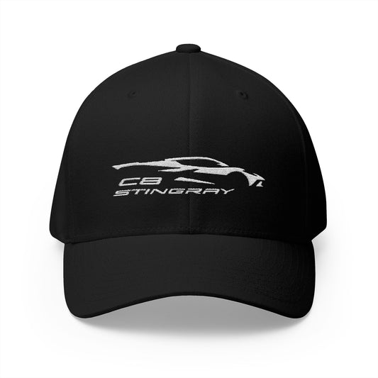 Corvette C8 Stingray Logo Baseball Cap, Flexfit® Hat, Stretchy Band, Black Hat, Corvette Gear, Embroidery
