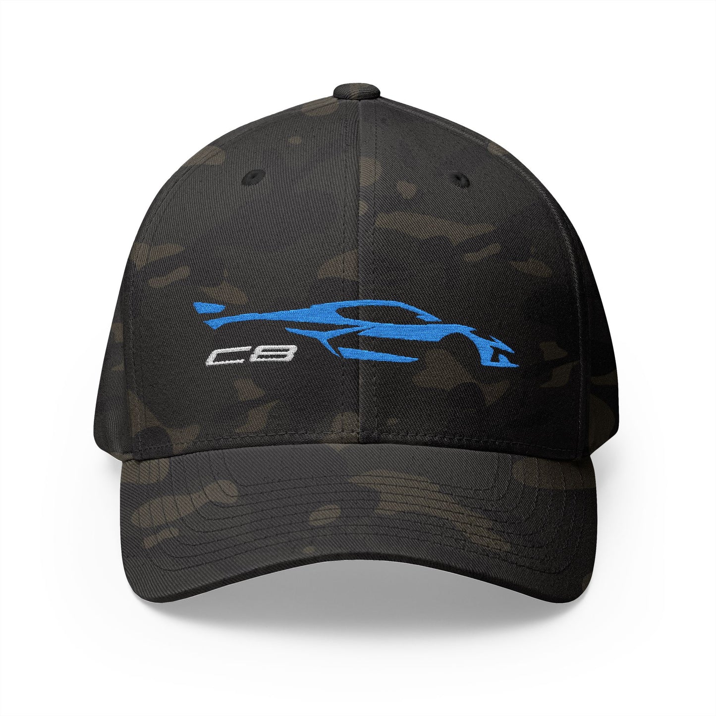 Corvette Blue C8 Silhouette Baseball Cap, Flexfit Hat, Stretchy Band, Black Hat, Corvette Gear, Embroidery