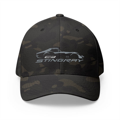Corvette Silver C3 Stingray Silhouette Baseball Cap, Flexfit Hat, Stretchy Band, Black Hat, Corvette Gear, Embroidery