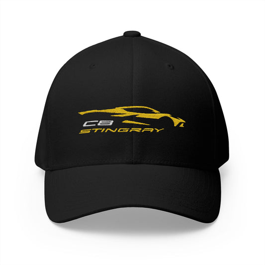 Corvette C8 Stingray Logo Baseball Cap, Flexfit® Hat, Stretchy Band, Black Hat, Corvette Gear, Embroidery