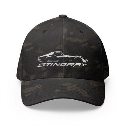 Corvette White C3 Stingray Silhouette Baseball Cap, Flexfit Hat, Stretchy Band, Black Hat, Corvette Gear, Embroidery