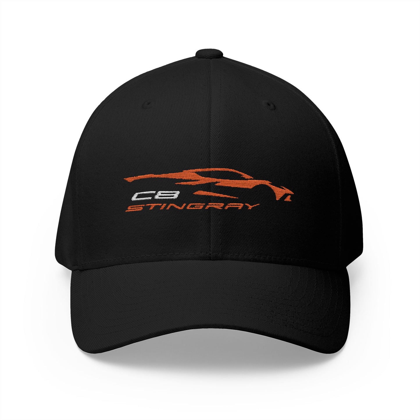 Corvette C8 Stingray Logo Baseball Cap, Orange Graphic, Flexfit® Hat, Stretchy Band, Black Hat, Corvette Gear, Embroidery