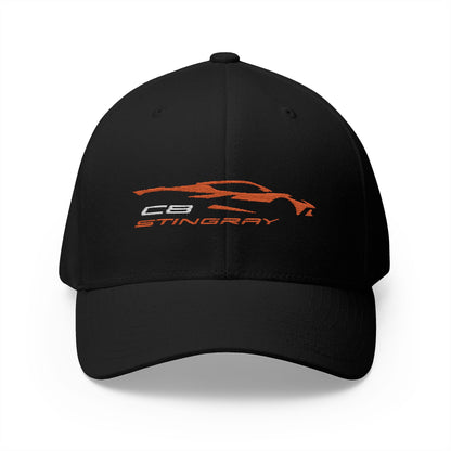 Corvette C8 Stingray Logo Baseball Cap, Orange Graphic, Flexfit® Hat, Stretchy Band, Black Hat, Corvette Gear, Embroidery