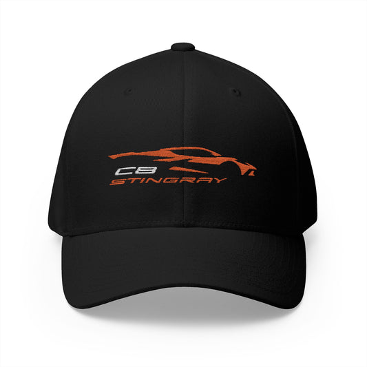 Corvette C8 Stingray Logo Baseball Cap, Orange Graphic, Flexfit® Hat, Stretchy Band, Black Hat, Corvette Gear, Embroidery