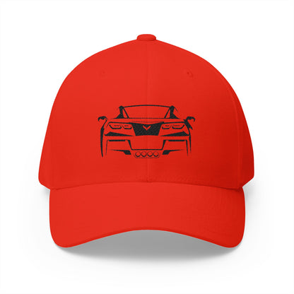 Corvette C7 Custom Silhouette Baseball Cap, Flexfit Hat, Stretchy Band, Black Hat, Corvette Gear, Embroidery