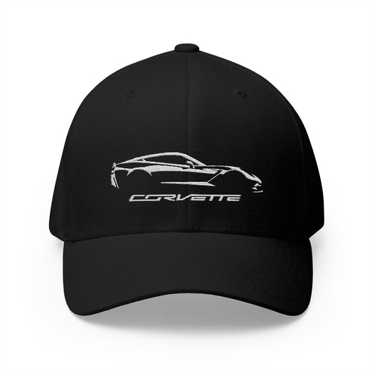 Corvette C7 Custom Silhouette Baseball Cap, Flexfit Hat, Stretchy Band, Black Hat, Corvette Gear, Embroidery