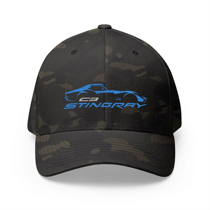 Corvette Blue C3 Stingray Silhouette Baseball Cap, Flexfit Hat, Stretchy Band, Black Hat, Corvette Gear, Embroidery