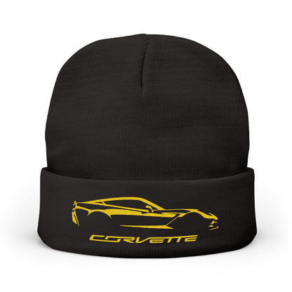 Corvette Yellow C7 Embroidery Winter Beanie, Knitted Hat, Cozy Cap, Outdoor Accessory, Unisex, Gift for Him, Gift for Her
