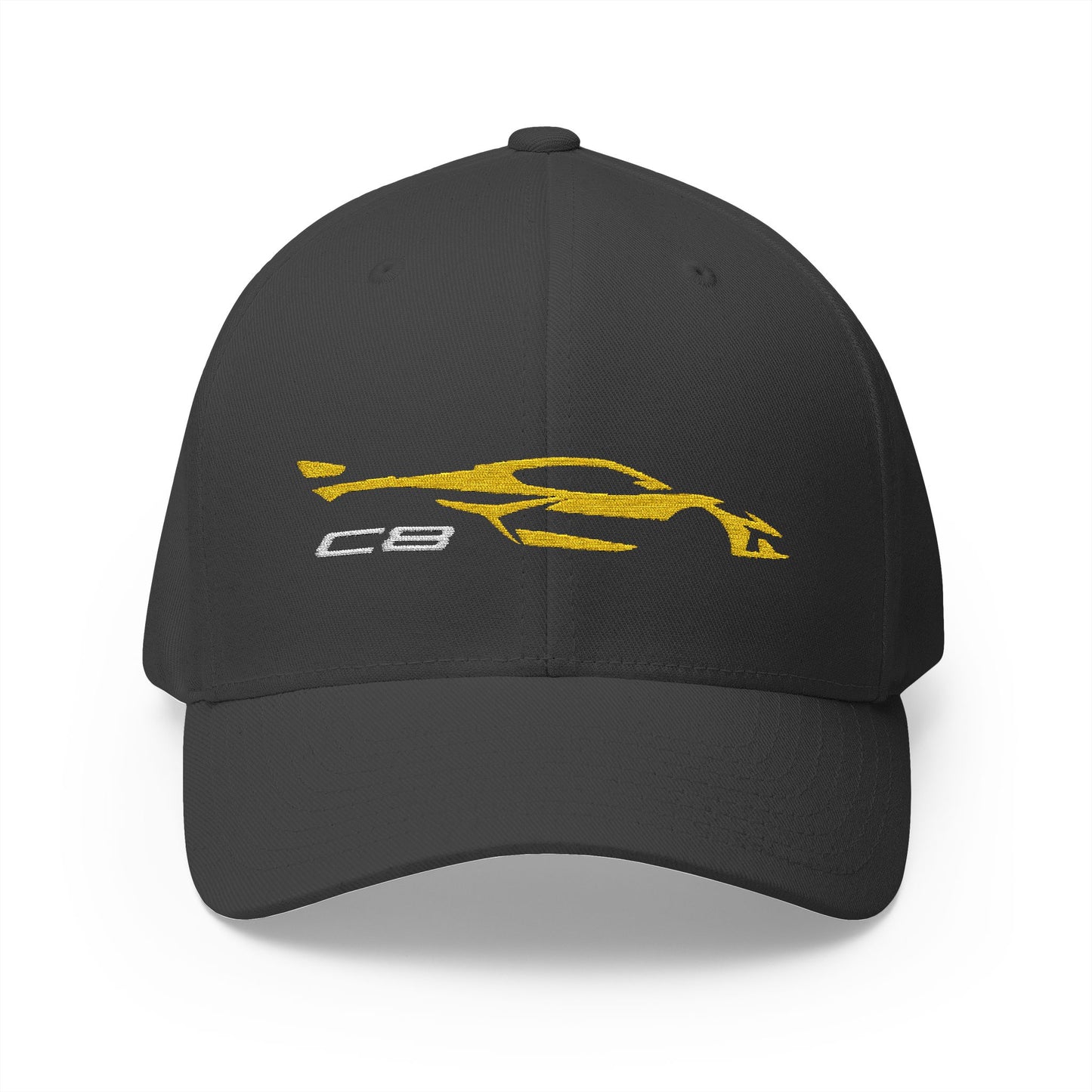 Corvette Yellow C8 Silhouette Baseball Cap, Flexfit Hat, Stretchy Band, Black Hat, Corvette Gear, Embroidery