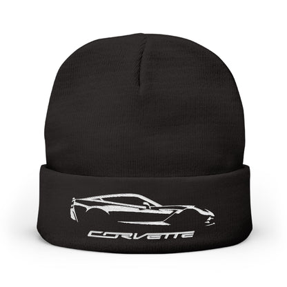 Corvette White C7 Embroidery Winter Beanie, Knitted Hat, Cozy Cap, Outdoor Accessory, Unisex, Gift for Him, Gift for Her