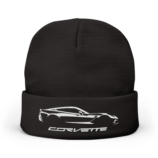 Corvette White C7 Embroidery Winter Beanie, Knitted Hat, Cozy Cap, Outdoor Accessory, Unisex, Gift for Him, Gift for Her