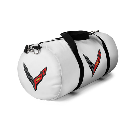 White Corvette Duffel Bag, C8 Logo, Gym Bag, Travel Bag, Gifts for Car Guys, Gifts for Car Girls, Corvette Merch, Overnight Duffel