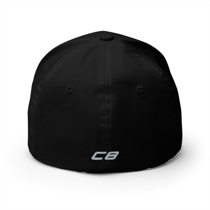 Corvette C8 Silver Logo Baseball Cap, Flexfit® Hat, Stretchy Band, Black Hat, Corvette Gear, Embroidery