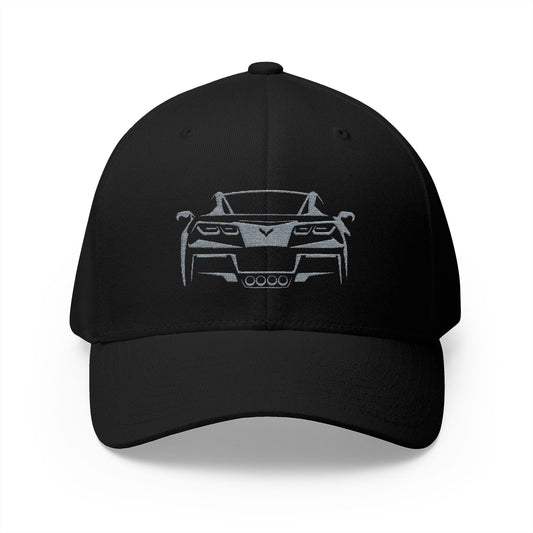 Corvette C7 Custom Silhouette Baseball Cap, Flexfit Hat, Stretchy Band, Black Hat, Corvette Gear, Embroidery