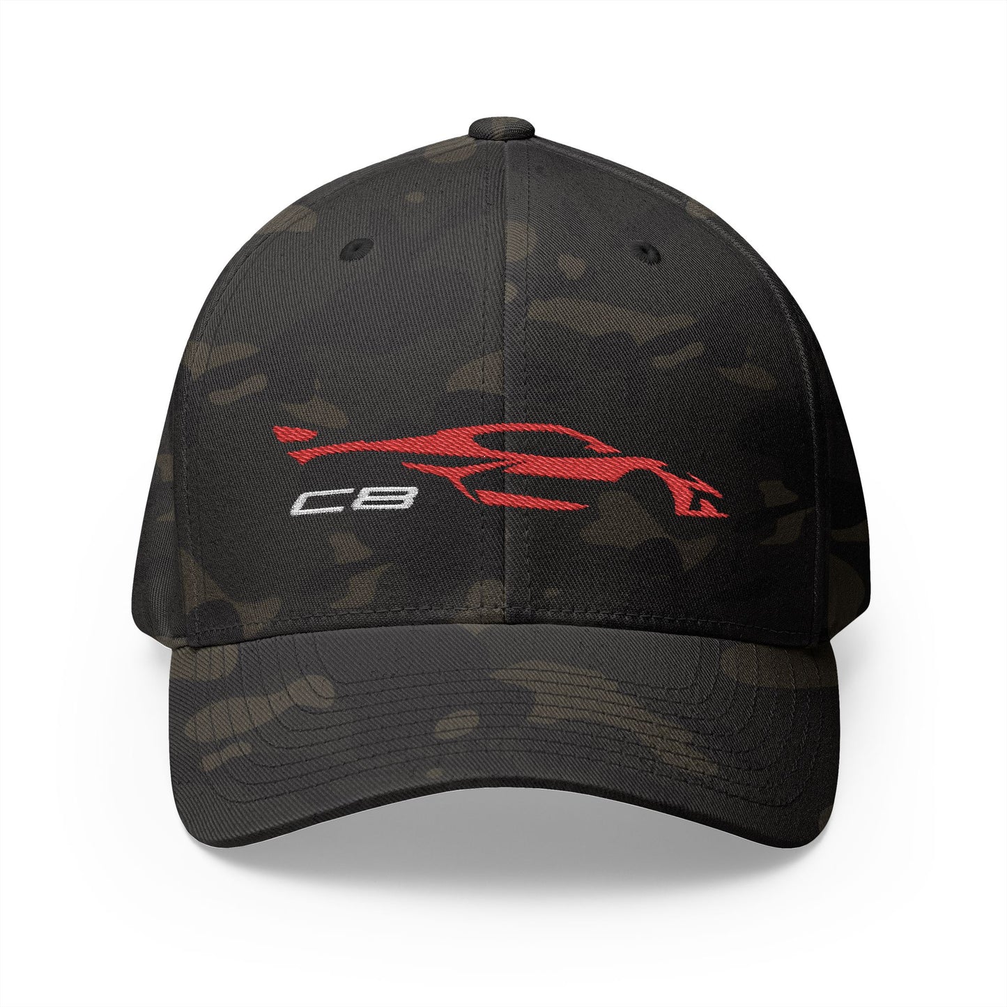 Corvette Red C8 Silhouette Baseball Cap, Flexfit Hat, Stretchy Band, Black Hat, Corvette Gear, Embroidery