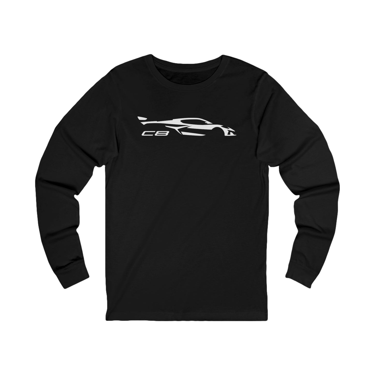 Unisex Corvette White C8 Long Sleeve Tee, Custom Silhouette, Graphic T-Shirt, Gift for Him, Gift for Her, Bella+Canvas, Soft Shirt