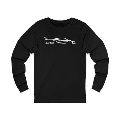 Unisex Corvette White C8 Long Sleeve Tee, Custom Silhouette, Graphic T-Shirt, Gift for Him, Gift for Her, Bella+Canvas, Soft Shirt