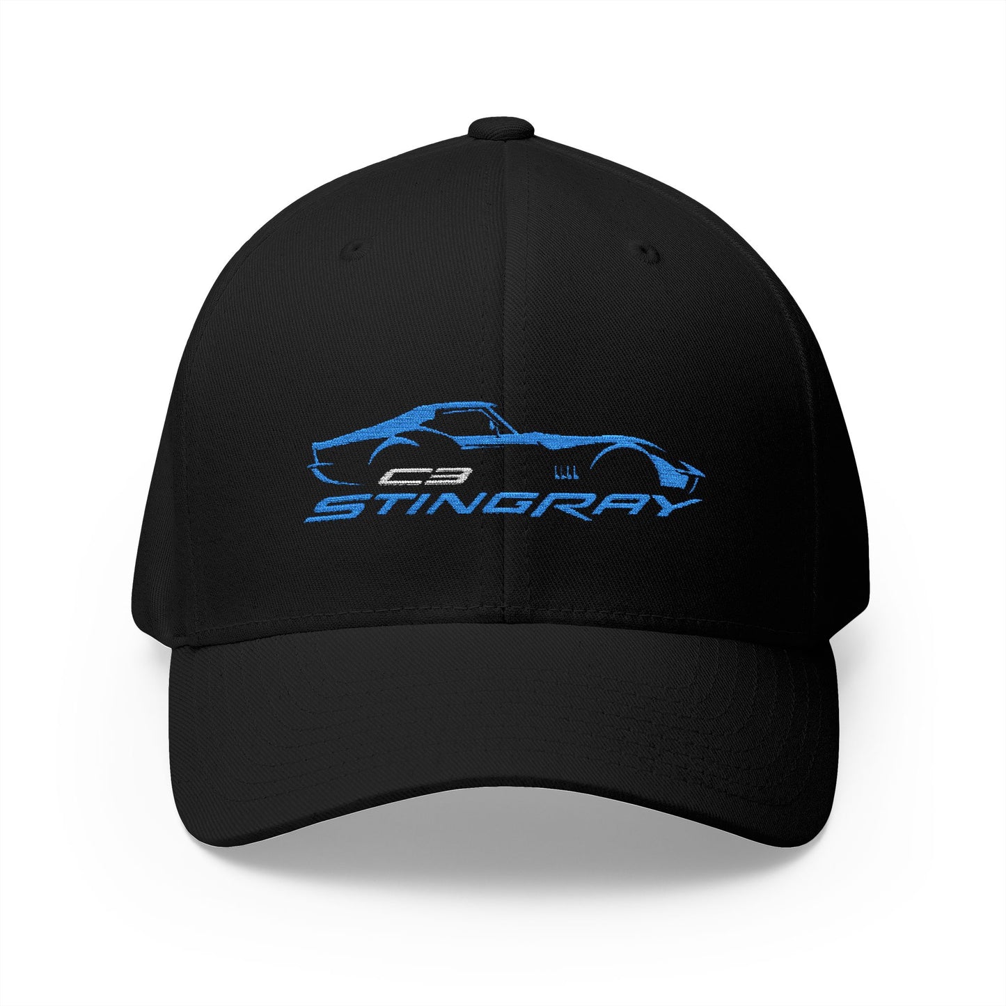 Corvette Blue C3 Stingray Silhouette Baseball Cap, Flexfit Hat, Stretchy Band, Black Hat, Corvette Gear, Embroidery