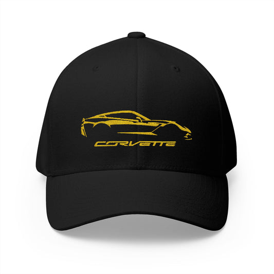 Corvette C7 Custom Silhouette Baseball Cap, Flexfit Hat, Stretchy Band, Black Hat, Corvette Gear, Embroidery