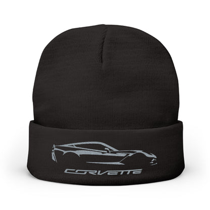 Corvette Grey C7 Embroidery Winter Beanie, Knitted Hat, Cozy Cap, Outdoor Accessory, Unisex, Gift for Him, Gift for Her