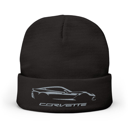 Corvette Grey C7 Embroidery Winter Beanie, Knitted Hat, Cozy Cap, Outdoor Accessory, Unisex, Gift for Him, Gift for Her