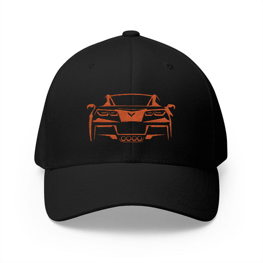 Corvette C7 Custom Silhouette Baseball Cap, Flexfit Hat, Stretchy Band, Black Hat, Corvette Gear, Embroidery