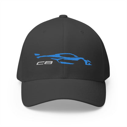 Corvette Blue C8 Silhouette Baseball Cap, Flexfit Hat, Stretchy Band, Black Hat, Corvette Gear, Embroidery