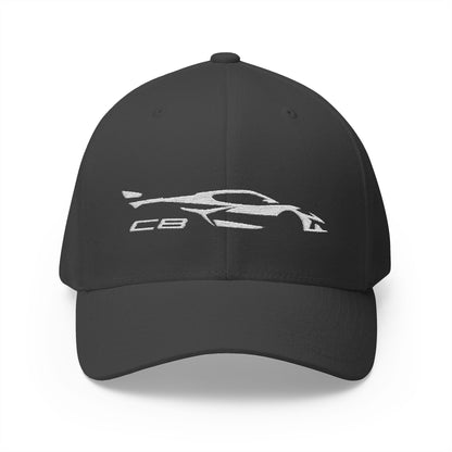 Corvette White C8 Silhouette Baseball Cap, Flexfit Hat, Stretchy Band, Black Hat, Corvette Gear, Embroidery