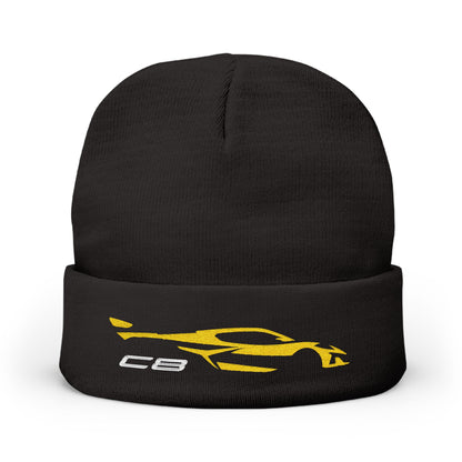 Corvette Yellow C8 Embroidery Winter Beanie, Knitted Hat, Cozy Cap, Outdoor Accessory, Unisex, Gift for Him, Gift for Her