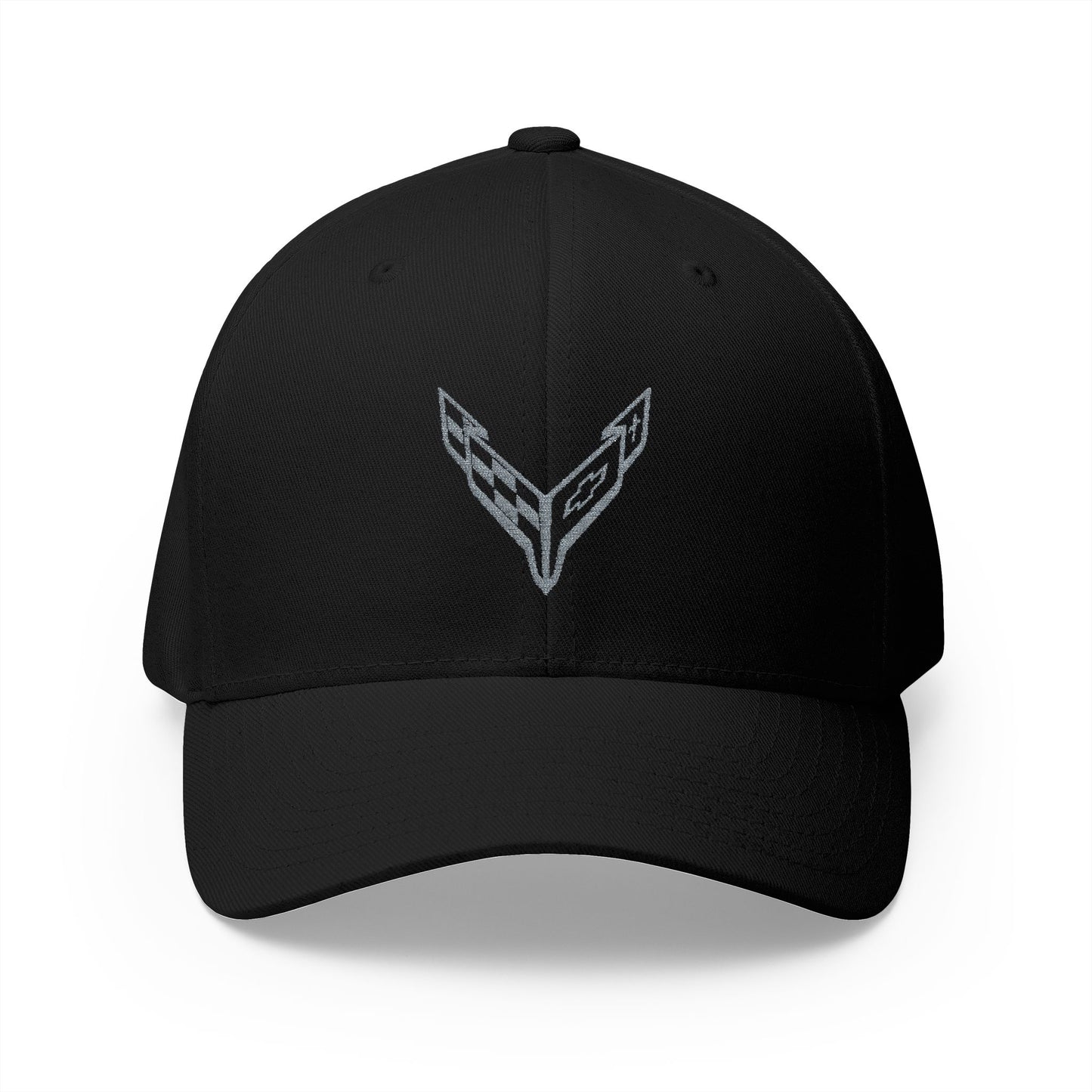 Corvette C8 Silver Logo Baseball Cap, Flexfit® Hat, Stretchy Band, Black Hat, Corvette Gear, Embroidery