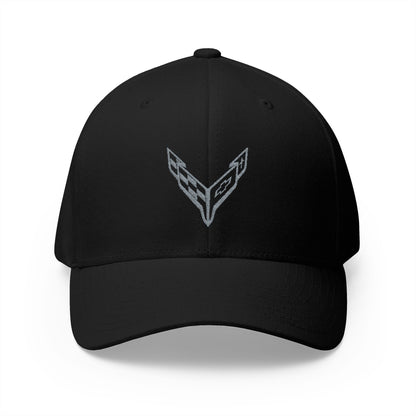 Corvette C8 Silver Logo Baseball Cap, Flexfit® Hat, Stretchy Band, Black Hat, Corvette Gear, Embroidery