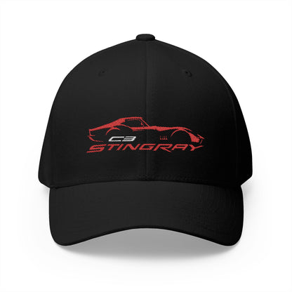 Corvette Red C3 Stingray Silhouette Baseball Cap, Flexfit Hat, Stretchy Band, Black Hat, Corvette Gear, Embroidery