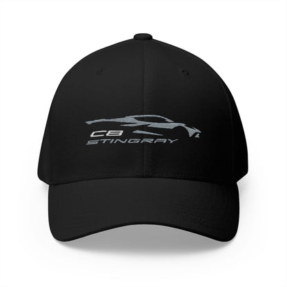 Corvette C8 Stingray Logo Baseball Cap, Flexfit® Hat, Stretchy Band, Black Hat, Corvette Gear, Embroidery