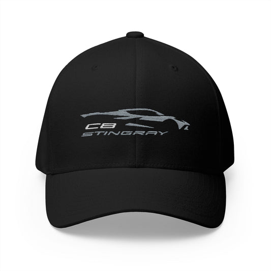 Corvette C8 Stingray Logo Baseball Cap, Flexfit® Hat, Stretchy Band, Black Hat, Corvette Gear, Embroidery