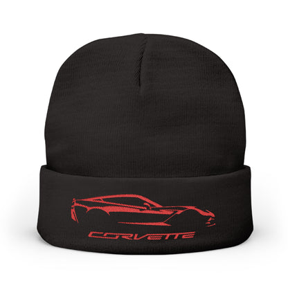 Corvette Red C7 Embroidery Winter Beanie, Knitted Hat, Cozy Cap, Outdoor Accessory, Unisex, Gift for Him, Gift for Her