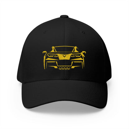Corvette C7 Custom Silhouette Baseball Cap, Flexfit Hat, Stretchy Band, Black Hat, Corvette Gear, Embroidery