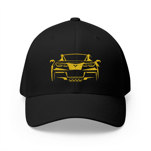 Corvette C7 Custom Silhouette Baseball Cap, Flexfit Hat, Stretchy Band, Black Hat, Corvette Gear, Embroidery