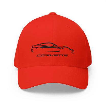 Corvette C7 Custom Silhouette Baseball Cap, Flexfit Hat, Stretchy Band, Black Hat, Corvette Gear, Embroidery
