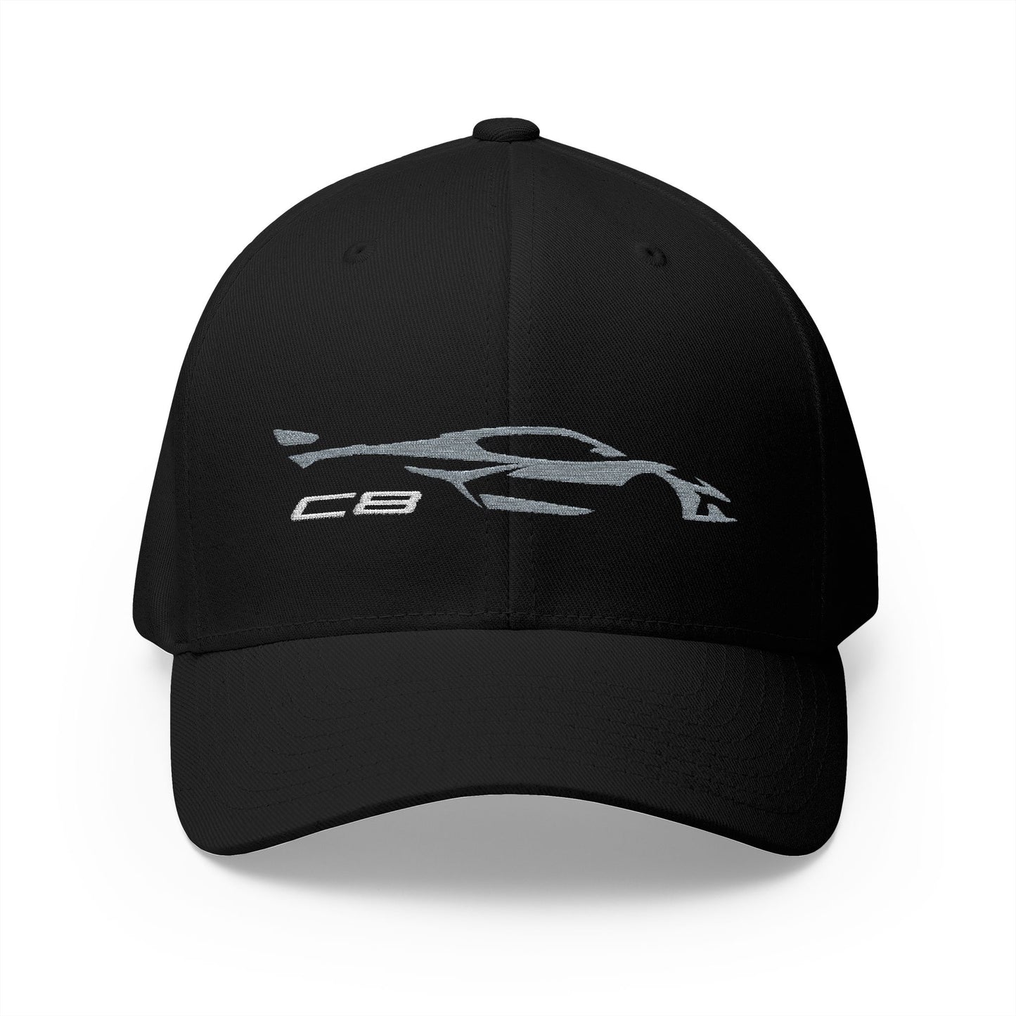 Corvette Grey C8 Silhouette Baseball Cap, Flexfit Hat, Stretchy Band, Black Hat, Corvette Gear, Embroidery