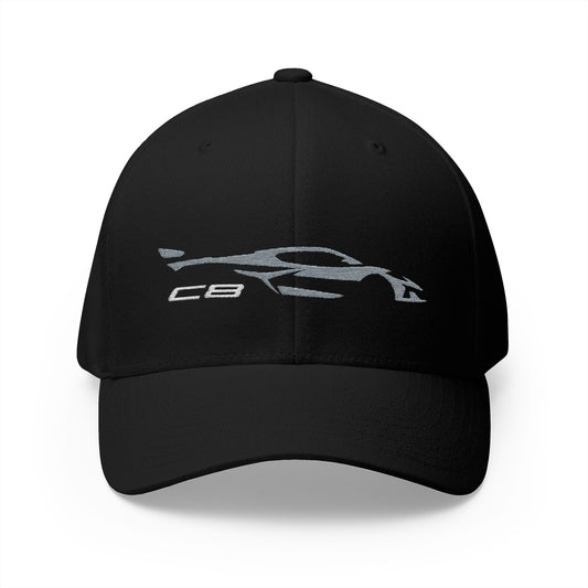 Corvette Grey C8 Silhouette Baseball Cap, Flexfit Hat, Stretchy Band, Black Hat, Corvette Gear, Embroidery