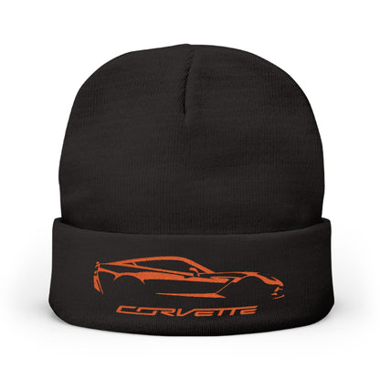Corvette Orange C7 Embroidery Winter Beanie, Knitted Hat, Cozy Cap, Outdoor Accessory, Unisex, Gift for Him, Gift for Her
