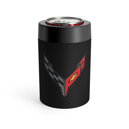 Corvette C8 Black Can Coozie for Fans, Beer and Soda Holder, Drink Insulator, Gift for Car Enthusiasts, Racing Events, Tailgating, C8 Logo