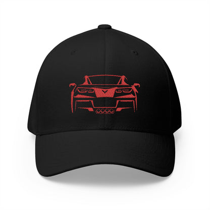Corvette C7 Custom Silhouette Baseball Cap, Flexfit Hat, Stretchy Band, Black Hat, Corvette Gear, Embroidery