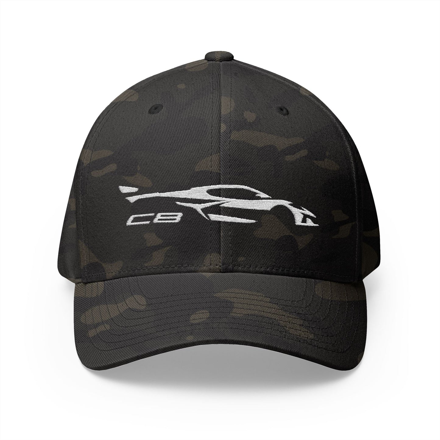 Corvette White C8 Silhouette Baseball Cap, Flexfit Hat, Stretchy Band, Black Hat, Corvette Gear, Embroidery