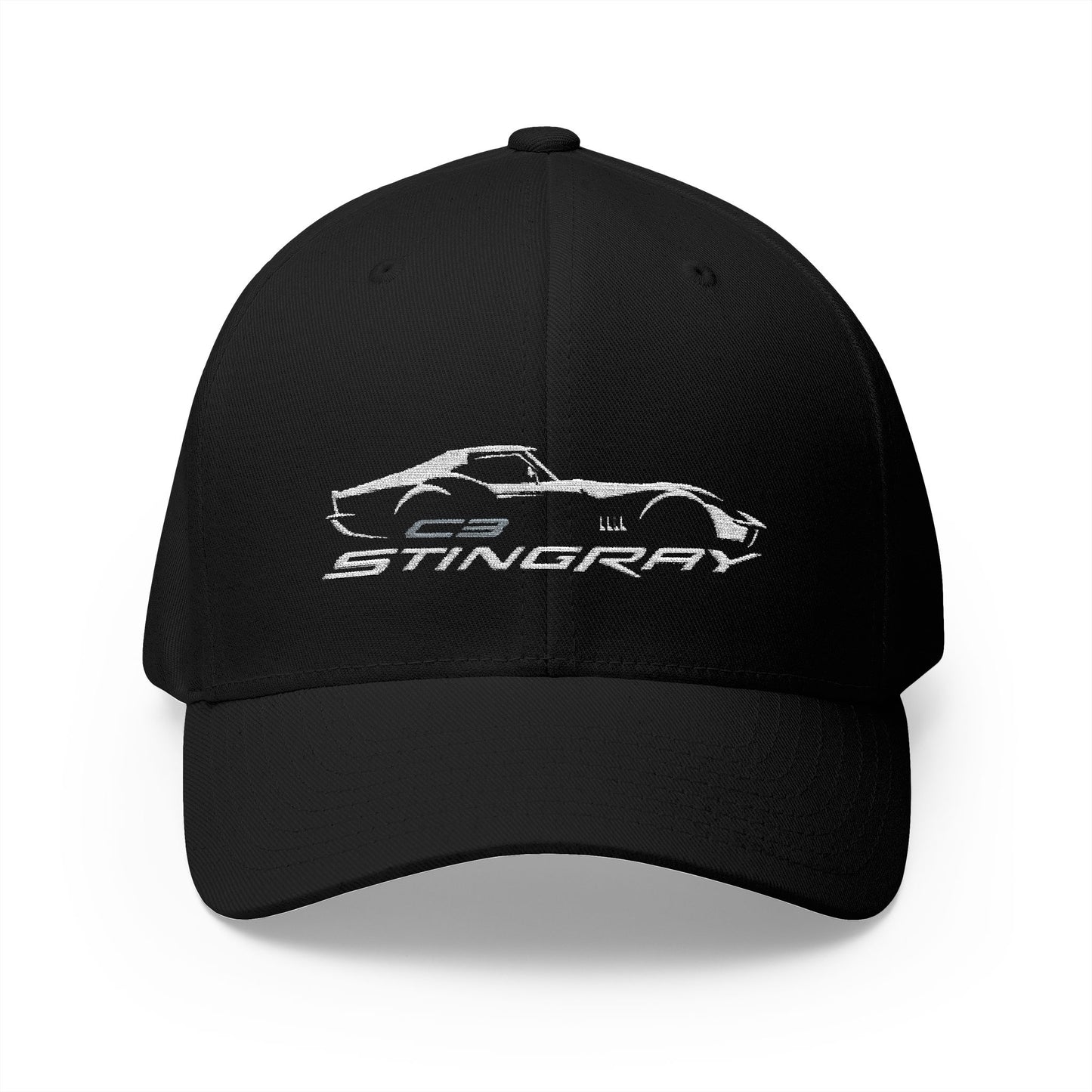 Corvette White C3 Stingray Silhouette Baseball Cap, Flexfit Hat, Stretchy Band, Black Hat, Corvette Gear, Embroidery